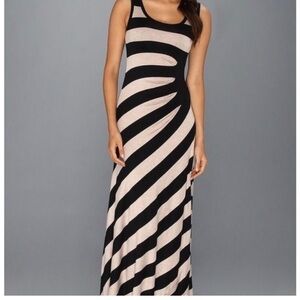 Copy-Calvin Klein Black and Cream Diagonal Striped maxi dress.